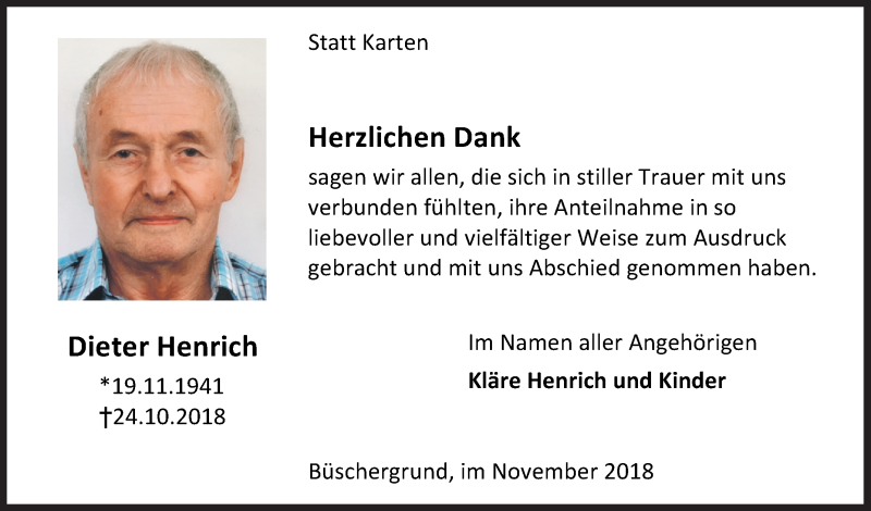  Traueranzeige für Dieter Henrich vom 30.11.2018 aus Siegener Zeitung
