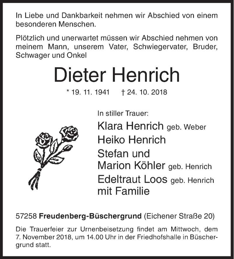  Traueranzeige für Dieter Henrich vom 02.11.2018 aus Siegener Zeitung