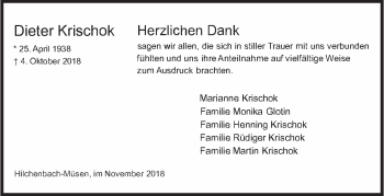 Traueranzeige von Dieter Krischok von Siegener Zeitung