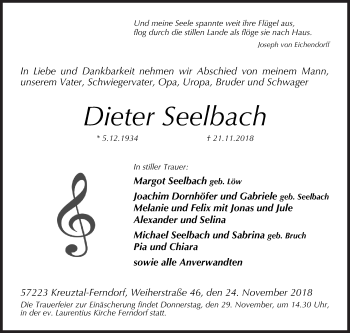 Traueranzeige von Dieter Seelbach von Siegener Zeitung