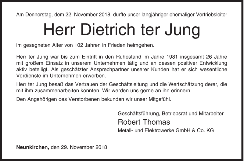  Traueranzeige für Dietrich ter Jung vom 29.11.2018 aus Siegener Zeitung