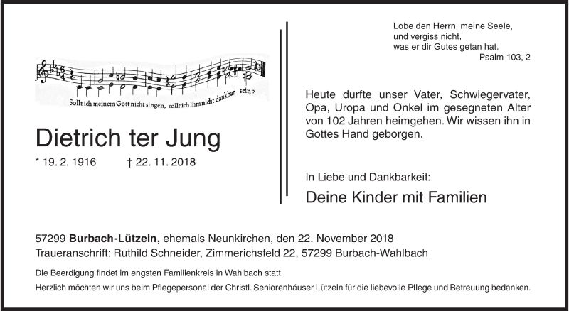  Traueranzeige für Dietrich ter Jung vom 27.11.2018 aus Siegener Zeitung