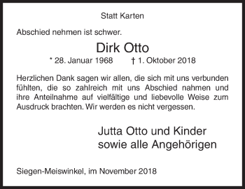 Traueranzeige von Dirk Otto von Siegener Zeitung