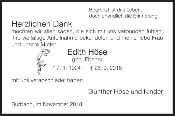 Traueranzeige von Edith Höse von Siegener Zeitung