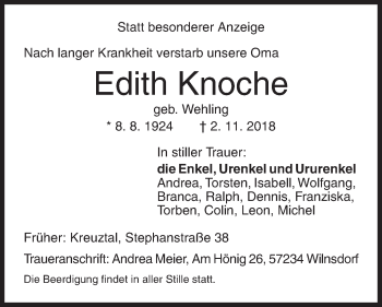 Traueranzeige von Edith Knoche von Siegener Zeitung