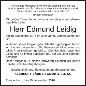 Traueranzeige von Edmund Leidig von Siegener Zeitung