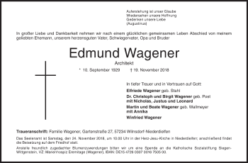 Traueranzeige von Edmund Wagener von Siegener Zeitung