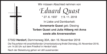 Traueranzeige von Eduard Quast von Siegener Zeitung