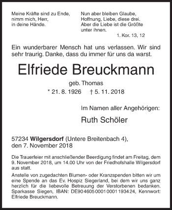 Traueranzeige von Elfriede Breuckmann von Siegener Zeitung