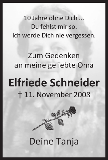Traueranzeige von Elfriede Schneider von Siegener Zeitung