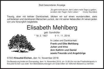 Traueranzeige von Elisabeth Mehlberg von Siegener Zeitung