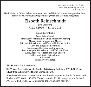 Traueranzeige von Elsbeth Reinschmidt von Siegener Zeitung