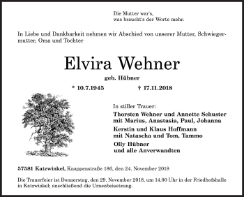 Traueranzeige von Elvira Wehner von Siegener Zeitung