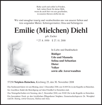 Traueranzeige von Emilie Diehl von Siegener Zeitung