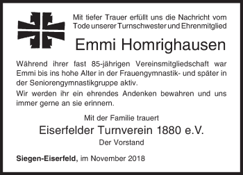Traueranzeige von Emmi Homrighausen von Siegener Zeitung