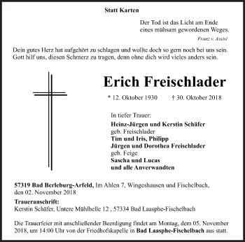 Traueranzeige von Erich Freischlader von Siegener Zeitung