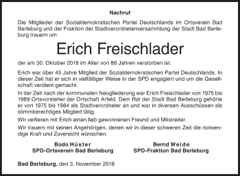 Traueranzeige von Erich Freischlader von Siegener Zeitung