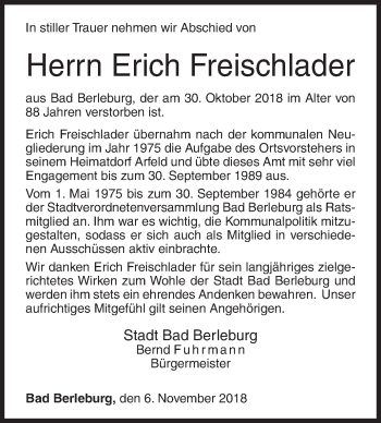 Traueranzeige von Erich Freischlader von Siegener Zeitung