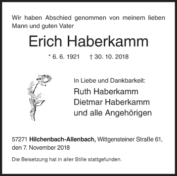 Traueranzeige von Erich Haberkamm von Siegener Zeitung