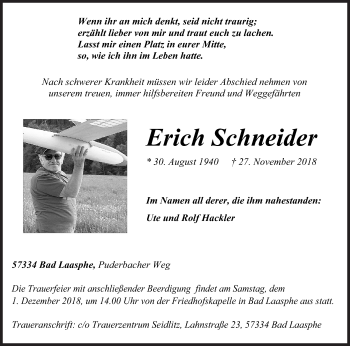 Traueranzeige von Erich Schneider von Siegener Zeitung