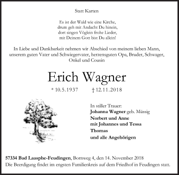 Traueranzeige von Erich Wagner von Siegener Zeitung