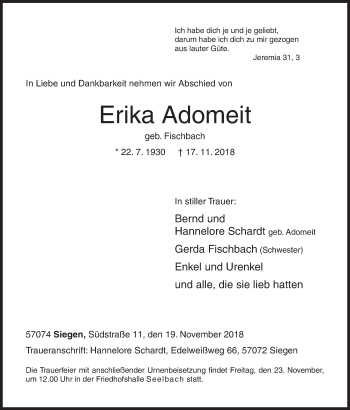 Traueranzeige von Erika Adomeit von Siegener Zeitung