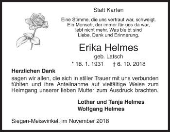 Traueranzeige von Erika Helmes von Siegener Zeitung