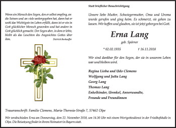 Traueranzeige von Erna Lang von Siegener Zeitung