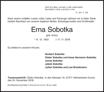 Traueranzeige von Erna Sobotka von Siegener Zeitung