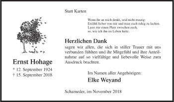 Traueranzeige von Ernst Hohage von Siegener Zeitung