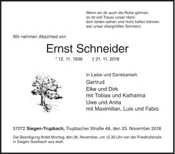 Traueranzeige von Ernst Schneider von Siegener Zeitung