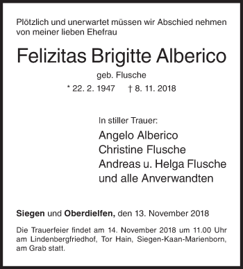 Traueranzeige von Felizitas Brigitte Alberico von Siegener Zeitung