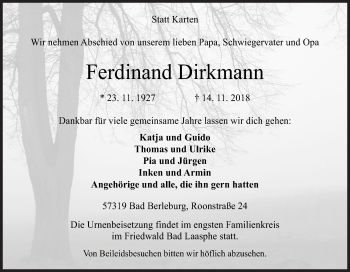 Traueranzeige von Ferdinand Dirkmann von Siegener Zeitung