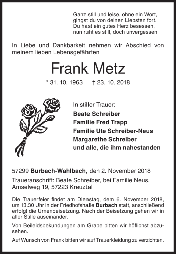 Traueranzeige von Frank Metz von Siegener Zeitung