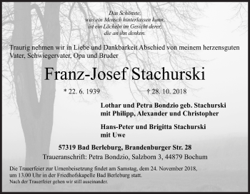 Traueranzeige von Franz-Josef Stachurski von Siegener Zeitung