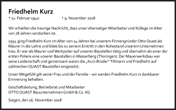 Traueranzeige von Friedhelm Kurz von Siegener Zeitung