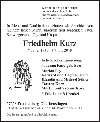 Traueranzeige von Friedhelm Kurz von Siegener Zeitung