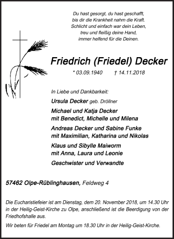 Traueranzeige von Friedrich Decker von Siegener Zeitung