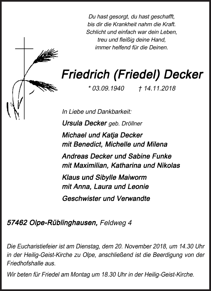  Traueranzeige für Friedrich Decker vom 17.11.2018 aus Siegener Zeitung