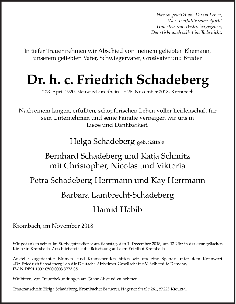  Traueranzeige für Friedrich Schadeberg vom 29.11.2018 aus Siegener Zeitung