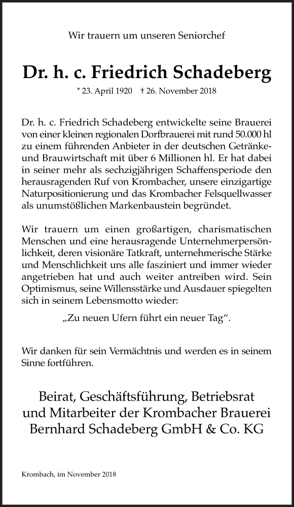  Traueranzeige für Friedrich Schadeberg vom 29.11.2018 aus Siegener Zeitung