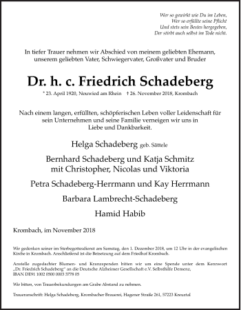 Traueranzeige von Friedrich Schadeberg von Siegener Zeitung