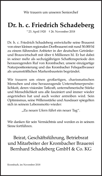 Traueranzeige von Friedrich Schadeberg von Siegener Zeitung
