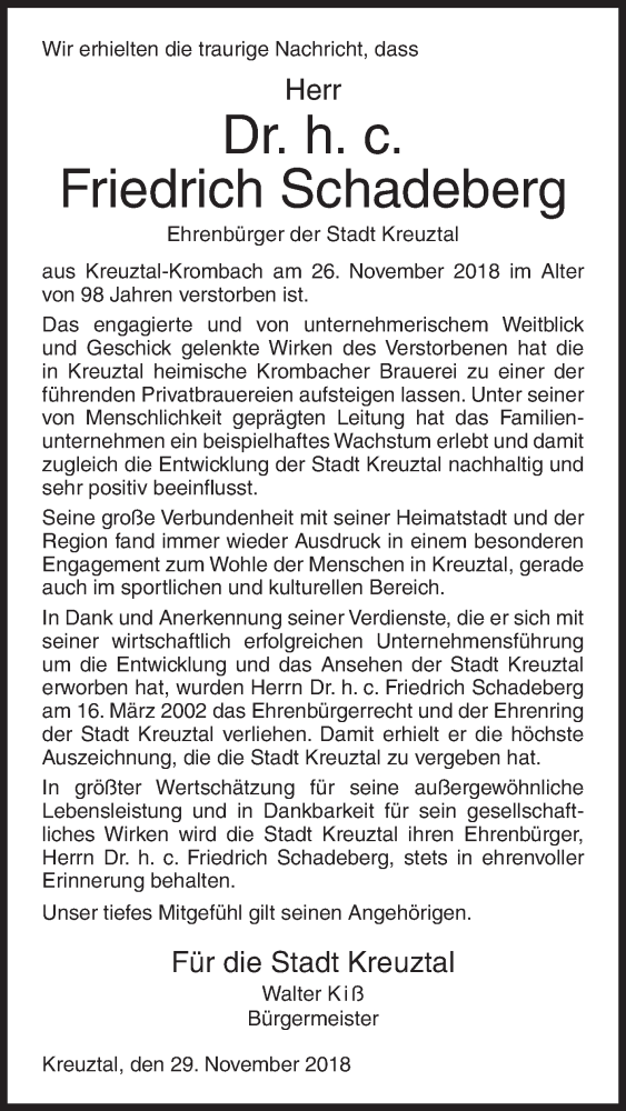  Traueranzeige für Friedrich Schadeberg vom 29.11.2018 aus Siegener Zeitung
