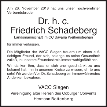 Traueranzeige von Friedrich Schadeberg von Siegener Zeitung
