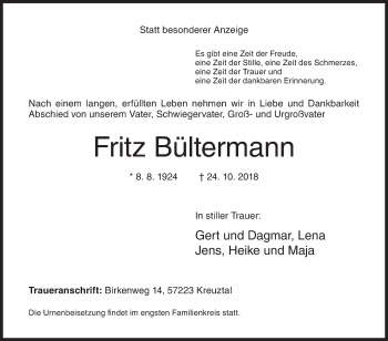 Traueranzeige von Fritz Bültermann von Siegener Zeitung