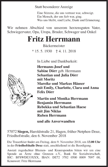 Traueranzeige von Fritz Herrmann von Siegener Zeitung