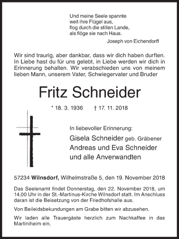 Traueranzeige von Fritz Schneider von Siegener Zeitung