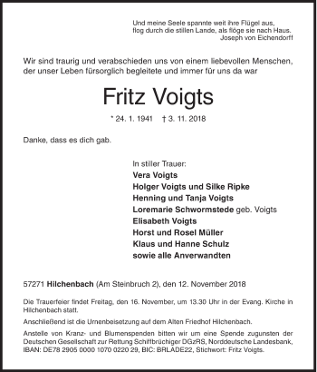 Traueranzeige von Fritz Voigts von Siegener Zeitung