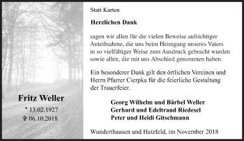 Traueranzeige von Fritz Weller von Siegener Zeitung